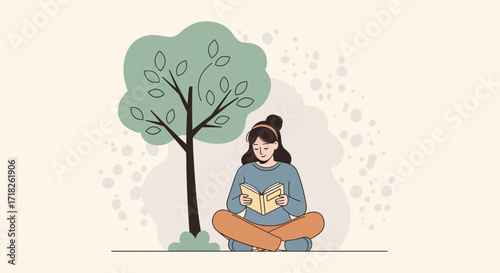 Woman Reading Peacefully Under A Tree: Tranquil Moment Of Solitude And Reflection