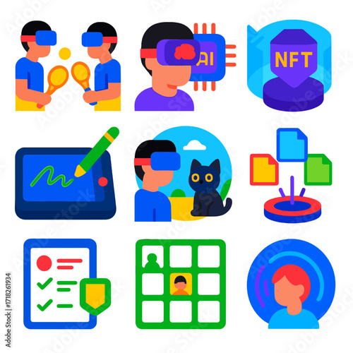 Futuristic VR Icons. Flat vector icons of virtual reality and metaverse items: synchronized virtual sports game, AI memory