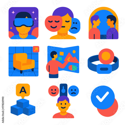 Vibrant VR Icons. Flat vector icons of virtual reality and metaverse items: immersive onboarding screen, facial emotion mapping,