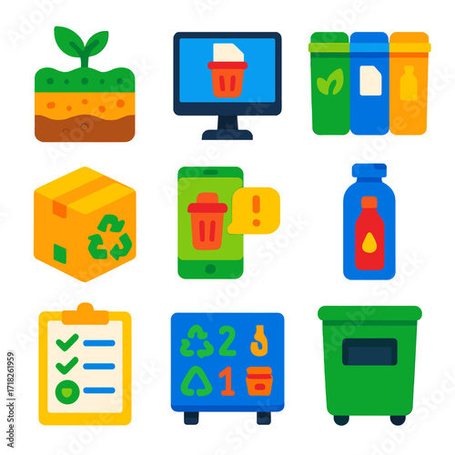 Recycling Icon Set. Flat vector icons of waste sorting and recycling systems: composting layers icon, office waste monitor, waste