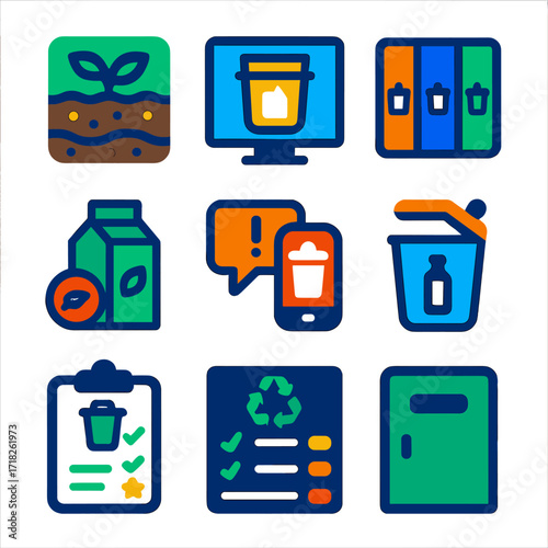 Recycling Icon Set. Flat vector icons of waste sorting and recycling systems: composting layers icon, office waste monitor, waste
