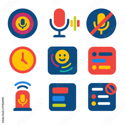Voice Assistant Icons. Flat vector icons of voice assistants and smart interfaces: ambient voice control system, microphone signal