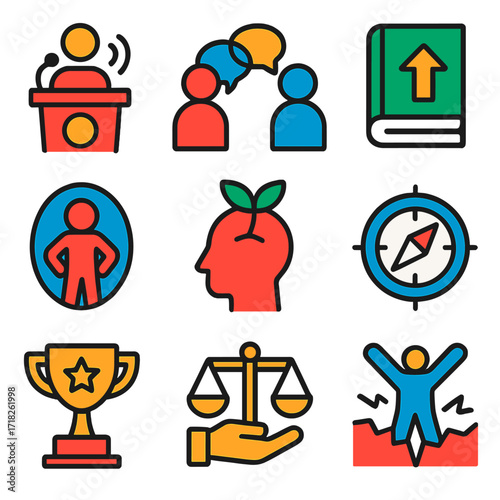 Personal Growth Icons. Flat vector icons of personal development and growth skills: public speaking practice, effective