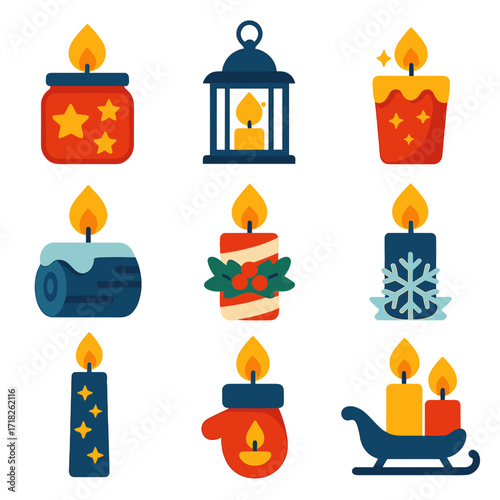 Festive Candle Icons. Flat vector icons of Christmas candles: festive jar candle with star cutouts, wax in rustic lantern cage,
