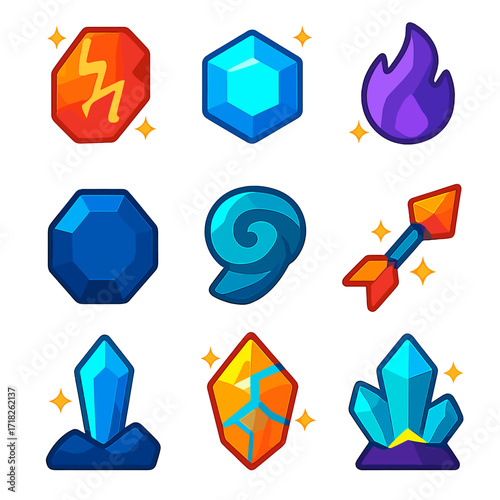 Vibrant Crystal Icons. Flat vector icons of crystals: radiant stone with electric pattern, frozen light gem, violet flame crystal.