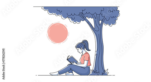 Woman Reading Under Tree, Summer Afternoon: Serenity, Relaxation, Leisure, and Solitude