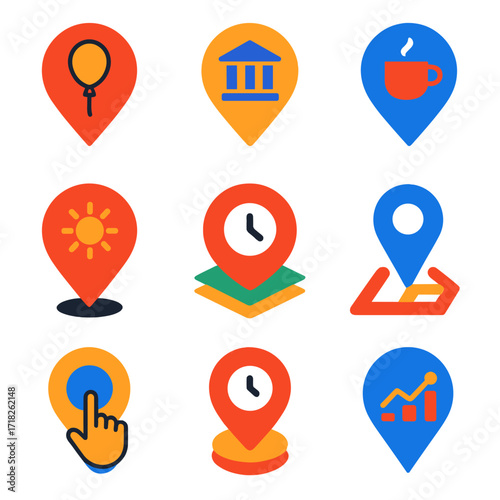 Colorful Navigation Icons. Flat vector icons of navigation pins: event location pin with balloon, museum icon inside pin, coffee