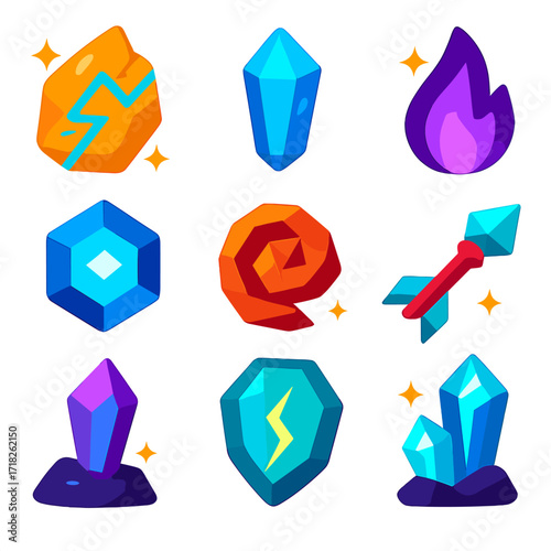 Vibrant Crystal Icons. Flat vector icons of crystals: radiant stone with electric pattern, frozen light gem, violet flame crystal.