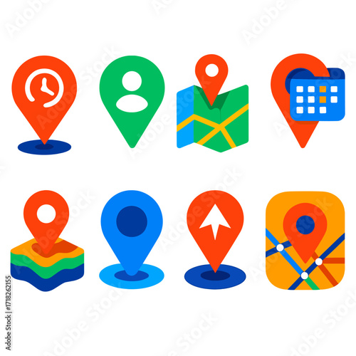 Modern Navigation Pins. Flat vector icons of navigation pins: time-lapse route pin, social profile pin icon, map interface with