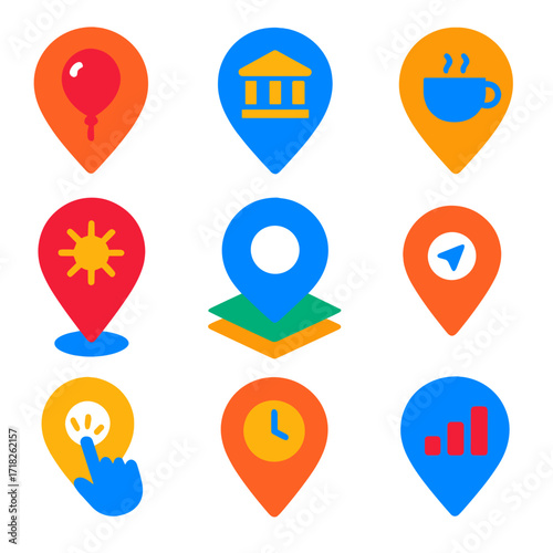 Colorful Navigation Icons. Flat vector icons of navigation pins: event location pin with balloon, museum icon inside pin, coffee