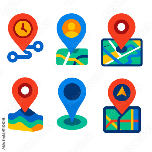 Modern Navigation Icons. Flat vector icons of navigation pins: time-lapse route pin, social profile pin icon, map interface with