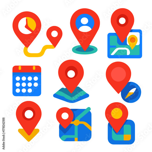 Modern Navigation Icons. Flat vector icons of navigation pins: time-lapse route pin, social profile pin icon, map interface with