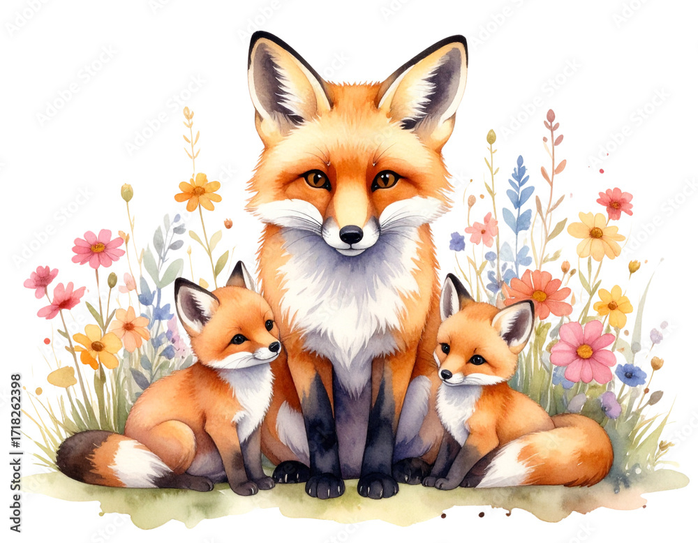 Fototapeta premium Family Day Fox Watercolor Scene PNG