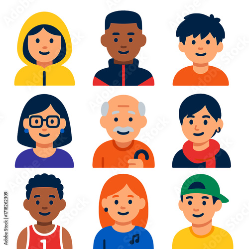 Vibrant Avatar Icons. Flat vector icons of people avatar profiles: girl in yellow raincoat, man with windbreaker and fade haircut,