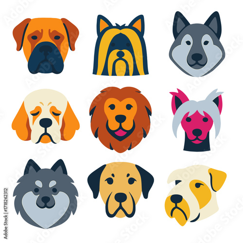 Stylized Dog Breed Icons. Flat vector icons of dog breeds heads: Boerboel with muscular face, Silky Terrier with long parting hair