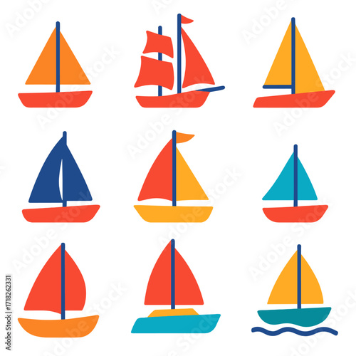 Vibrant Sailboat Icons. Flat vector icons of sailing boat silhouettes: small sailboat with triangular sail, vintage schooner with