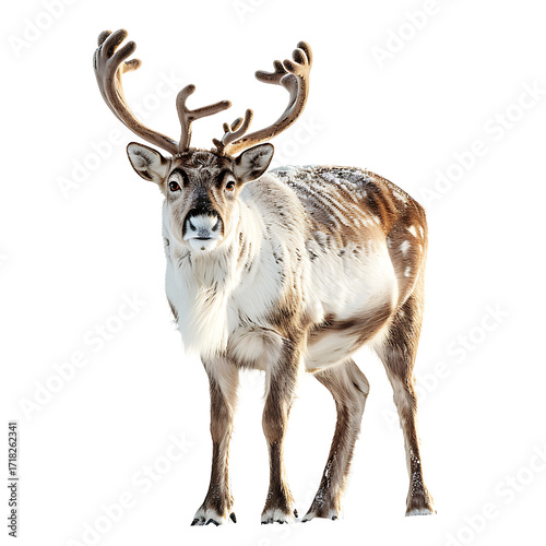A majestic reindeer standing in winter snow on transparent background