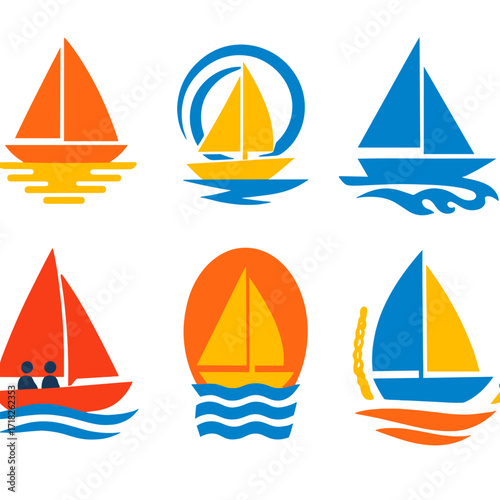 Vibrant Sailing Icons. Flat vector icons of sailing boat silhouettes: sailboat with sun path reflection, nautical icon with