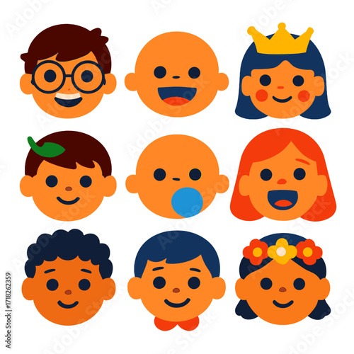 Cheerful Kids Icons. Flat vector icons of children faces: cheerful boy in oversized glasses, baby with toothless grin, girl with