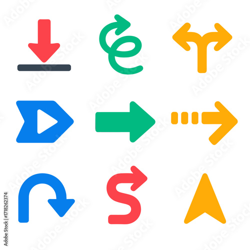Vibrant Arrow Icons. Flat vector icons of arrows: arrow breaking a line, arrow wrapped in spiral, forked arrow pointing both ways.