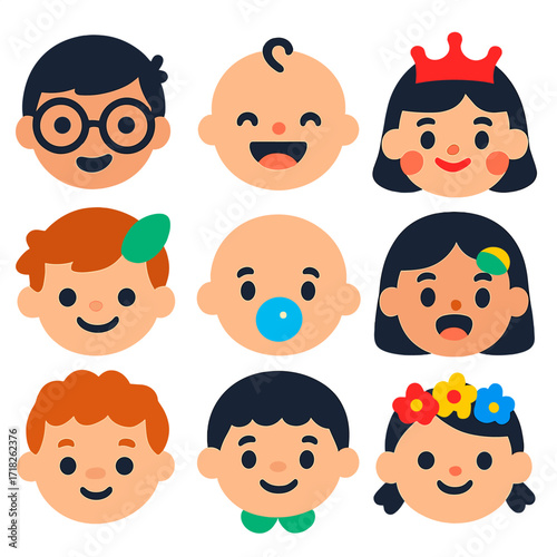 Cheerful Kids Icons. Flat vector icons of children faces: cheerful boy in oversized glasses, baby with toothless grin, girl with