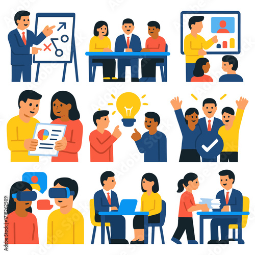 Business Meeting Icons. Flat vector icons of business meeting: manager explaining strategy on board, office team seated at long