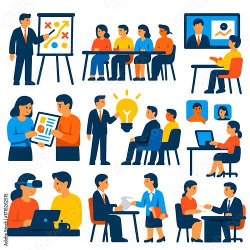 Business Meeting Icons. Flat vector icons of business meeting: manager explaining strategy on board, office team seated at long