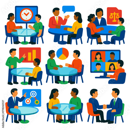Business Meeting Icons. Flat vector icons of business meeting: time tracking session with clock and screen, consultant advising