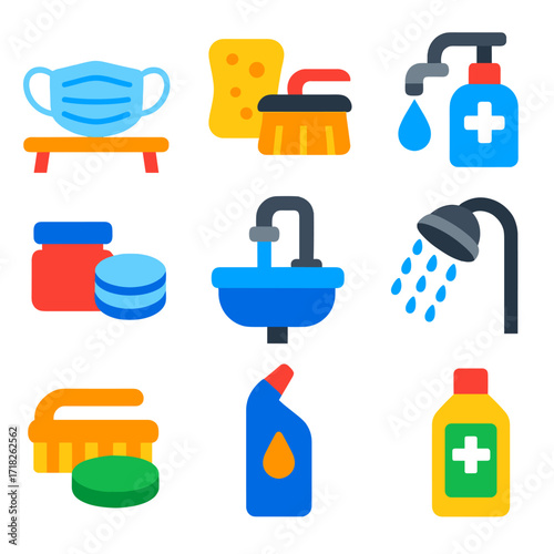 Home Hygiene Icons. Flat vector icons of home hygiene and sanitation: face mask on table, sponge and scrub brush, water tap with