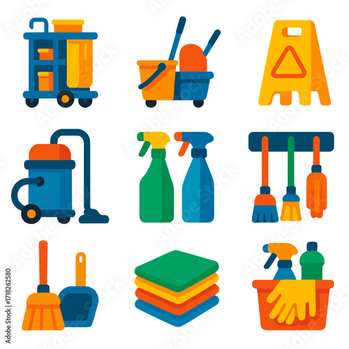 Modern Janitorial Icons. Flat vector icons of janitorial equipment and tools: janitor cart with compartments, commercial mop and