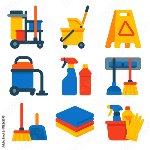 Modern Janitorial Icons. Flat vector icons of janitorial equipment and tools: janitor cart with compartments, commercial mop and