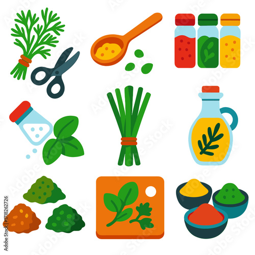 Vibrant Spice Icons. Flat vector icons of kitchen herbs and cooking spices: bunch of dill with scissors, garlic granules spoon,