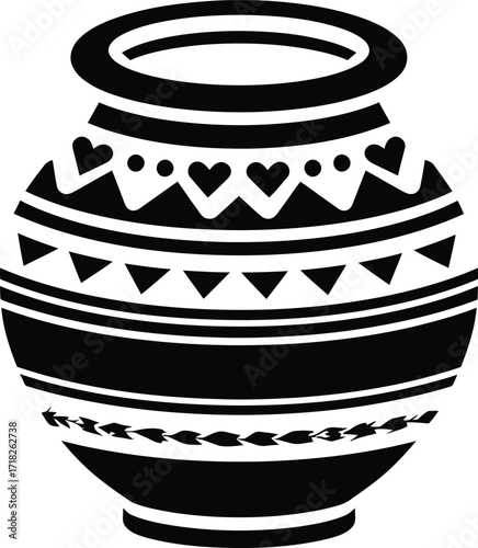 Decorated clay pot with patterns, traditional cultural earthenware jar

