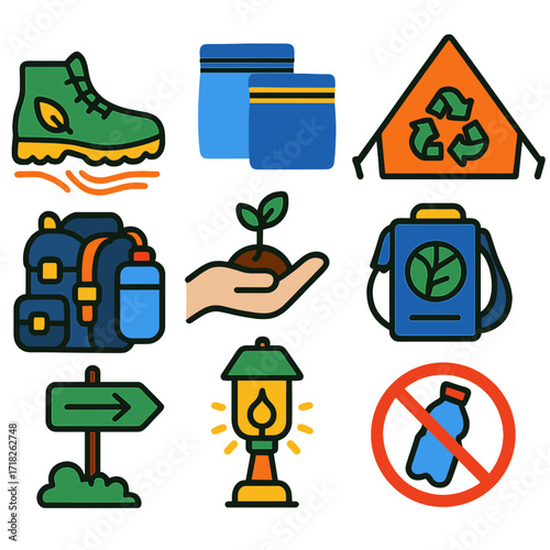 Eco Tourism Icons. Flat vector icons of sustainable travel and eco tourism: eco hiking boots with trail lines, reusable zip bags,