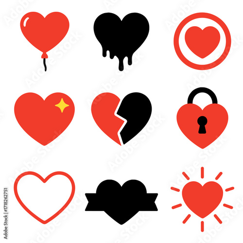 Bold Heart Icons. Flat vector icons of black and red hearts: red heart balloon, melting black heart, red heart in circle. Red