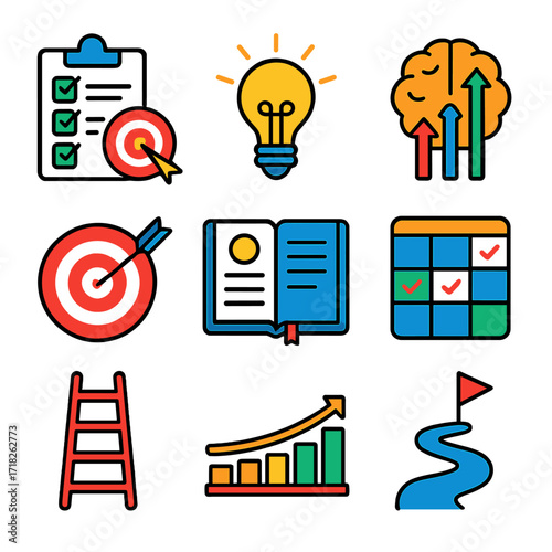 Personal Development Icons. Flat vector icons of personal development and growth skills: goal setting checklist, light bulb of