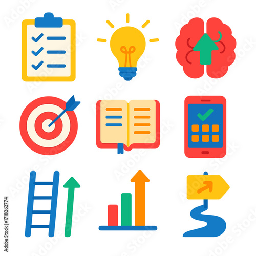Personal Development Icons. Flat vector icons of personal development and growth skills: goal setting checklist, light bulb of
