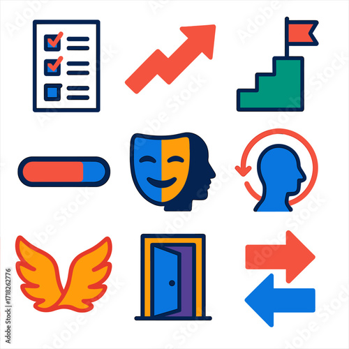 Personal Growth Icons. Flat vector icons of personal development and growth skills: daily wins checklist, momentum arrow, goal