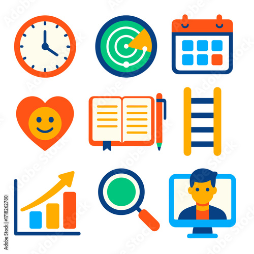 Personal Development Icons. Flat vector icons of personal development and growth skills: time management clock, self-awareness