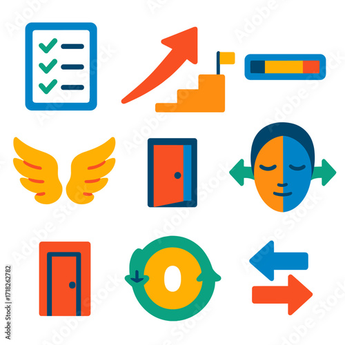 Personal Growth Icons. Flat vector icons of personal development and growth skills: daily wins checklist, momentum arrow, goal