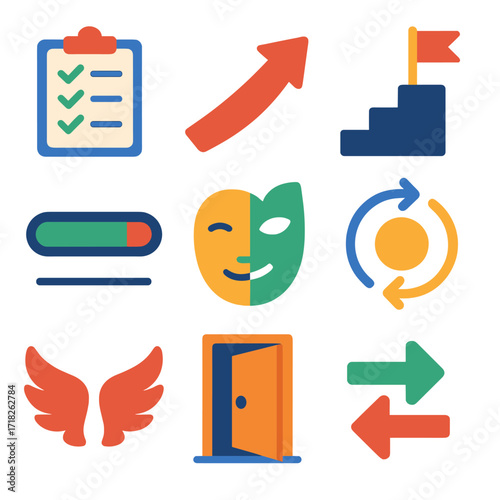 Personal Growth Icons. Flat vector icons of personal development and growth skills: daily wins checklist, momentum arrow, goal