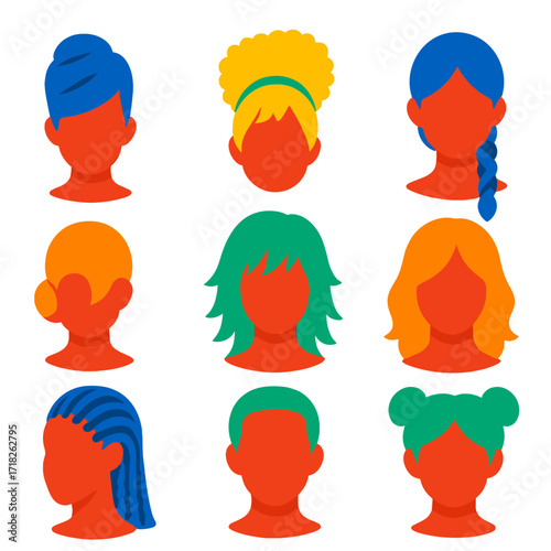 Bold Hairstyle Icons. Flat vector icons of women hairstyles: French twist, curly high puff, fishtail braid. Low chignon bun,