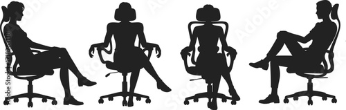 Business professionals sitting in ergonomic office chairs, workplace posture, silhouette concept, modern furniture, corporate environment, seated positions, mobility, comfort