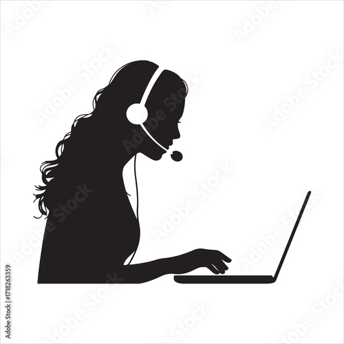 Girl using laptop with headphones cartoon illustration