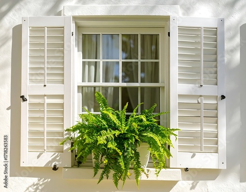 White window with shutters and fern
