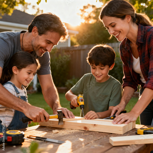 Golden Hour Skill-Building Parents and Children Collaborating on a Backyard Woodworking Project