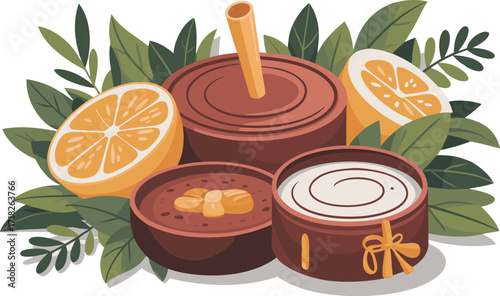 Sweet and tangy flavors arranged with fresh citrus and decorative elements in a colorful display