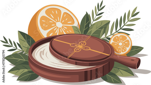 Colorful wooden bowl with citrus fruits and green leaves in a natural setting