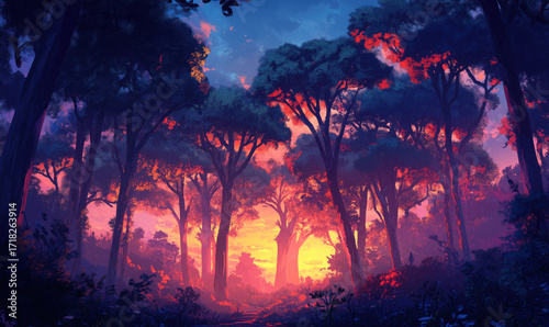 Enchanting sunset in vibrant forest with colorful trees and serene atmosphere, high quality image