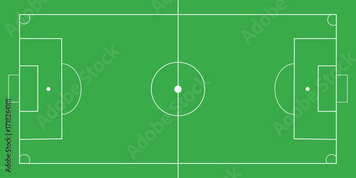 Football fields top view. Soccer grass fields with chalk lines. Green grass field background. Vector Football - Soccer Field. Scheme and marking of the football field, soccer field.
